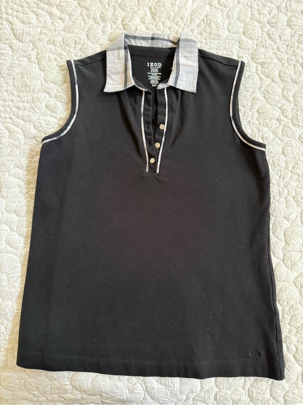 Izod Black Sleeveless Polo with Plaid Trimmed Collar